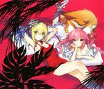  absurdres ahoge animal_ears blonde_hair breasts cleavage fate/extra fate/extra_ccc fate_(series) fox_ears fox_tail green_eyes hair_ribbon highres multiple_girls nero_claudius_(fate) nero_claudius_(fate)_(all) official_art red_background ribbon small_breasts tail tamamo_(fate)_(all) tamamo_no_mae_(fate) wada_aruko yellow_eyes 