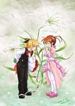 2girls :d ^_^ ^o^ behind_back blonde_hair blush bouquet bowing choker closed_eyes collared_shirt couple dated dress fate_testarossa flower formal from_side full_body hair_ornament hair_ribbon hairpin highres jewelry lily_(flower) long_hair long_sleeves lyrical_nanoha mahou_shoujo_lyrical_nanoha mary_janes multiple_girls open_mouth pant_suit pants pantyhose petals pocket_watch ponytail profile red_flower red_rose ribbon rose rose_petals shirt shoes sidelocks skirt smile sos77755 standing suit takamachi_nanoha towel twintails two_side_up vest watch yuri 