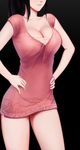  black_background black_hair breasts cleavage detail dress hand_on_hip head_out_of_frame highres large_breasts long_hair original rannero red_dress short_dress solo standing yuki_(rannero) 