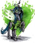  &lt;3 2015 changeling clothing english_text eyeshadow fangs female friendship_is_magic green_eyes green_theme holes horn looking_at_viewer makeup mattings my_little_pony queen_chrysalis_(mlp) shirt slit_pupils solo text wings 