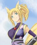  animal_ears blonde_hair breasts day dog_days elbow_gloves fox_ears fox_tail gloves green_eyes harapeko1129 japanese_clothes large_breasts ponytail sky smile solo tail yukikaze_panettone 