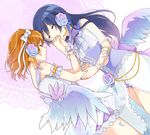  angel_wings arm_grab bad_id bad_pixiv_id bare_shoulders blue_hair blue_nails bow chisumi closed_eyes flower frills from_above hair_bow hair_flower hair_ornament hand_kiss headset highres holding_hands interlocked_fingers kiss kousaka_honoka love_live! love_live!_school_idol_festival love_live!_school_idol_project low_wings lying multiple_girls nail_polish on_side one_side_up orange_hair parted_lips pom_pom_(clothes) sleeping sonoda_umi white_bow wings yellow_nails yuri 