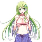  blush breasts budget_sarashi collarbone frog_hair_ornament green_eyes green_hair hair_ornament hands_on_own_chest kochiya_sanae kuro75268 large_breasts long_hair looking_at_viewer mouth_hold navel ribbon-trimmed_sleeves ribbon_trim sarashi simple_background skirt snake_hair_ornament solo topless touhou upper_body very_long_hair white_background 