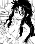  blush breasts cleavage glasses greyscale holding long_hair looking_at_viewer medium_breasts monochrome parted_lips read_or_die sakaki_imasato sketch solo yomiko_readman 
