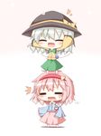  2girls :d bow chibi chibi_on_head closed_eyes commentary fang gaius_(nikoniko2) hairband hat hat_bow heart highres komeiji_koishi komeiji_satori long_sleeves multiple_girls on_head open_mouth person_on_head pink_hair pink_skirt shirt siblings silver_hair simple_background sisters skirt sleeves_past_wrists smile standing_on_person surprised sweatdrop third_eye touhou white_background wide_sleeves 
