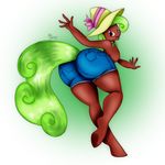  2015 anthro anthrofied apple_bottom_(mlp) breasts clothed clothing earth_pony equine female friendship_is_magic green_hair hair half-dressed hat hooves horse looking_at_viewer mammal my_little_pony open_mouth pony purple_eyes solo suirano topless 