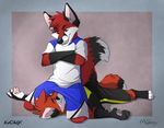  anthro canine chibi-marrow clothing duo fox kooky kooky_fox male mammal shorts wrestling 
