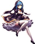  black_dress blue_hair brooch dress full_body garter_straps green_eyes habit jewelry juliet_sleeves lips long_legs long_sleeves metto nun puffy_sleeves sleeves_past_wrists solo thighhighs transparent_background unleashed white_legwear 