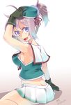  aoba_(kantai_collection) blue_eyes blue_scrunchie breasts cosplay gloves hair_ribbon hat highres imu_sanjo kantai_collection large_breasts looking_at_viewer maya_(kantai_collection) maya_(kantai_collection)_(cosplay) miniskirt open_mouth ponytail purple_hair remodel_(kantai_collection) ribbon scrunchie sitting skirt solo sweatdrop 