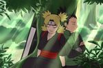  1boy 1girl against_tree black_hair blonde_hair crossed_arms eyes_closed fan flak_jacket folding_fan forehead_protector forest headband japanese_clothes jjj_(dbsgh8573) leaning_back nara_shikamaru naruto naruto_shippuuden nature outdoors quad_tails sitting sleeping smile temari tree 