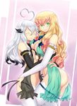  2girls ahoge arc_system_works ass ass_grab bare_shoulders black_hair blazblue blonde_hair breast_press breasts bridal_gauntlets company_connection curly_hair eyes_closed gradient_hair green_eyes hug large_breasts long_hair looking_at_viewer multicolored_hair multiple_girls no_bra nobody_(xblaze) panties pink_hair see-through shiny shiny_skin silver_hair thighhighs toscabear trait_connection trinity_glassfield underwear xblaze:_lost_memories xblaze_code:_embryo xblaze_lost:_memories 