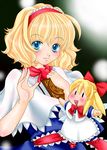  alice_margatroid blonde_hair blue_eyes book capelet commentary_request doll dress hairband shanghai_doll smile solo touhou yuzuna99 