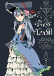  adapted_costume aioi_aoi bare_shoulders blue_hair blush bonnet bright_pupils character_name cowboy_shot dress elbow_gloves english food food_on_head frilled_dress frills fruit fruit_on_head gloves hair_between_eyes hinanawi_tenshi lace-up_top long_hair looking_at_viewer object_on_head peach red_eyes solo steampunk touhou very_long_hair white_pupils 