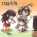  ahoge akagi_(kantai_collection) brown_hair chibi commentary double_bun hair_bun haruna_(kantai_collection) hisahiko kantai_collection kongou_(kantai_collection) long_hair md5_mismatch multiple_girls open_mouth pleated_skirt red_skirt sitting sitting_on_pillow skirt star star-shaped_pupils symbol-shaped_pupils thighhighs translated trembling 