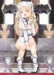  1girl agnamore bangs between_legs blonde_hair blue_eyes blurry blurry_background blush boots breasts chalice cleavage cleavage_cutout commentary depth_of_field detached_sleeves dress habit half-closed_eyes hand_between_legs latin_cross long_hair long_sleeves looking_at_viewer nun open_mouth original pigeon-toed saliva short_dress sitting sleeveless sleeveless_dress small_breasts solo tongue tongue_out very_long_hair white_dress white_footwear white_sleeves 