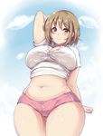  arm_up bad_id bad_twitter_id blue_sky blush breasts brown_eyes brown_hair cleavage cowboy_shot day flower from_below hair_flower hair_ornament highres hips idolmaster idolmaster_cinderella_girls inactive_account large_breasts midriff mimura_kanako moisture_(chichi) navel plump short_hair short_shorts shorts sky smile solo sweat thigh_gap thighs wide_hips 