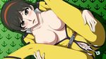  1girl aftersex belt black_hair blush bodysuit breasts brown_eyes censored crotchless cum cum_in_pussy cumdrip female hairband highres large_breasts legs legs_up long_hair looking_at_viewer lying no_bra no_panties open_clothes open_mouth pussy saijou_miki simple_background solo thighs uchuu_senkan_yamato uchuu_senkan_yamato_2199 uniform 
