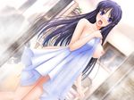  1girl areolae bath bathroom blue_eyes blue_hair blush breasts covering female game_cg highres komori_kei large_breasts legs long_hair looking_at_viewer nipples nude open_mouth ryuzouji_akane solo standing steam thighs towel walkure_romanze walkure_romanze_more_&amp;_more 