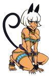  alternate_costume animal_ears anklet armlet bare_shoulders barefoot blue_eyes bob_cut breasts cat_ears cat_tail cleavage collar commentary dark_skin fornoreason17 jewelry medium_breasts ms._fortune_(skullgirls) scar short_hair skullgirls slave smile solo squatting tail white_hair 