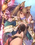  aiming animal_ears armor arrow ass back bangs blunt_bangs bow_(weapon) bracelet breasts brown_eyes brown_hair butterfly_wings cleavage cloak cowboy_shot dutch_angle erune fingernails flat_ass from_side glowing granblue_fantasy hair_ornament highres holding holding_weapon jewelry lace leotard light_particles long_fingernails long_hair looking_at_viewer looking_back metera_(granblue_fantasy) nail_polish side_cutout sidelocks small_breasts smile turtleneck twintails very_long_hair weapon wings yaman 