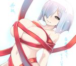  bare_shoulders blue_eyes blue_hair breasts hair_over_one_eye hamakaze_(kantai_collection) highres huge_breasts kantai_collection naked_ribbon navel ribbon shiki_(psychedelic_g2) short_hair solo translation_request 