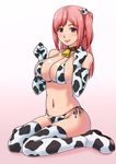  animal_print bell bell_collar bikini boots breasts brown_eyes cleavage collar cow_bell cow_print dead_or_alive dead_or_alive_5 elbow_gloves full_body gloves goriate hair_ornament honoka_(doa) large_breasts long_hair looking_at_viewer micro_bikini one_side_up pink_hair platform_footwear side-tie_bikini sideboob sitting solo strap_gap swimsuit thigh_boots thighhighs wariza 