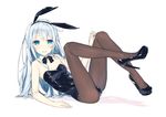  animal_ears bare_arms bare_shoulders black_legwear blue_eyes bunny_ears bunny_girl bunnysuit fake_animal_ears hibiki_(kantai_collection) high_heels highres kantai_collection leg_up leotard long_hair long_legs looking_at_viewer pantyhose silver_hair sitting solo tunamayochan very_long_hair 