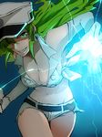  apg0w0 bleach breasts candice_catnipp cleavage elbow_gloves electricity female gloves green_eyes green_hair grin large_breasts long_hair looking_at_viewer midriff military military_uniform navel quincy_(bleach) short_shorts shorts smile solo uniform 