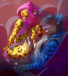 2015 anthro canine chair cheetah clothing cum duo feline girly glowing glowing_eyes grin hair hot_dogging javkiller male male/male mammal pants penis pink_hair shirt sitting spots stripes tongue tongue_out wolf 