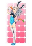  animal_ears blue_leotard bow bowtie brown_eyes bunny_ears bunny_girl bunnysuit carrot eating grey_hair high_heels highres leotard long_hair open_mouth original shoes solo standing tail thighhighs tongue tongue_out wrist_cuffs yanagidamitsu 