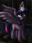  cutie_mark equine female feral forest friendship_is_magic horn horse magic mammal my_little_pony nadvgia night open_mouth pony smile sparkle standing tree twilight_sparkle_(mlp) winged_unicorn wings 