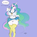  2015 anthro anthrofied big_breasts breasts cleavage clothed clothing colored edit english_text equine female friendship_is_magic hair horn huge_breasts kevinsano legwear long_hair mammal multicolored_hair my_little_pony navel plain_background princess_celestia_(mlp) pussy skirt smile solo text white_skin winged_unicorn wings 