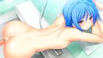  1girl ahoge artist_request ass back bathroom bent_over blue_hair blush censored from_above game_cg hoshi_ori_yume_mirai nude open_mouth ousaka_sora pink_eyes pussy_juice sex short_hair solo wet 