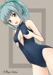  bangs bow breasts brown_eyes front_zipper_swimsuit fuuma_nagi grey_hair hair_bow kantai_collection meme_attire one-piece_swimsuit ponytail short_hair small_breasts standing swimsuit yuubari_(kantai_collection) 