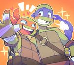  bad_id bad_pixiv_id bandages blue_eyes blush brothers donatello face_mask green_skin mask michelangelo multiple_boys nunchaku red_eyes sanjiro_(tenshin_anman) siblings teenage_mutant_ninja_turtles weapon 