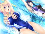  2girls alice_weinberg armpits arms_up bertille_althusser blonde_hair blue_eyes blue_hair blush breasts drill_hair game_cg highres komori_kei large_breasts legs long_hair looking_up lying multiple_girls open_mouth pool purple_eyes swimming swimsuit thighs walkure_romanze walkure_romanze_more_&amp;_more water wet 