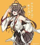  breasts brown_hair commentary detached_sleeves double_bun headgear japanese_clothes kantai_collection kongou_(kantai_collection) large_breasts long_hair nontraditional_miko salute satou_samu skirt solo sunglasses translated 