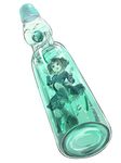  air_bubble blue_eyes blue_hair bottle bubble chiruko_(xxx-o) cucumber hair_bobbles hair_ornament highres in_bottle in_container kawashiro_nitori key minigirl no_hat no_headwear open_mouth ramune short_hair skirt smile solo submerged touhou two_side_up 
