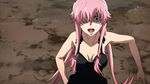  1girl animated animated_gif black_dress breasts cleavage crazy crazy_eyes dress gasai_yuno long_hair lowres machete mirai_nikki pink_hair running smile solo weapon 