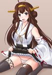  blush boots breasts brown_hair cameltoe grey_eyes headgear japanese_clothes kantai_collection kongou_(kantai_collection) large_breasts long_hair looking_at_viewer miniskirt nontraditional_miko open_mouth oyabun_(higashi) panties skirt skirt_lift smile solo thigh_boots thighhighs underwear 