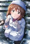  brown_eyes brown_hair coat crying crying_with_eyes_open gloves hagiwara_yukiho highres idolmaster idolmaster_(classic) kamelie keychain nonowa overcoat short_hair snow snowing solo squatting tareme tears 