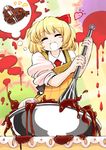  apron blonde_hair bowl chocolate chocolate_heart closed_eyes hair_ribbon heart highres kashuu_(b-q) open_mouth ribbon rumia short_hair skull smile solo touhou whisk 