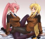  bed black_legwear blonde_hair blue_eyes blush boots braid breasts fate_testarossa forestss hair_ornament hair_ribbon large_breasts looking_at_another lyrical_nanoha mahou_shoujo_lyrical_nanoha_strikers military military_uniform multiple_girls necktie open_mouth pantyhose pink_hair ponytail purple_hair red_eyes ribbon signum simple_background smile tribadism uniform white_background yuri 