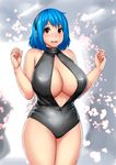  blue_hair blush breasts center_opening erkaz front_zipper_swimsuit hairband heart huge_breasts looking_at_viewer meme_attire one-piece_swimsuit original red_eyes rina_atherina short_hair solo swimsuit 