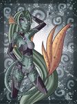  2013 animal_ears anthro armor armwear breasts clothed clothing female fish green_hair hair hi_res legwear long_hair luna marine navel pose purple_eyes raptor007 smile solo teeth unconvincing_armor 