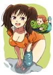  1girl :d arm_support blush boots breasts brown_eyes brown_hair buckle cleavage collarbone diane_(nanatsu_no_taizai) fingerless_gloves floating giantess gloves jacket king_(nanatsu_no_taizai) large_breasts leaning_forward leotard long_hair long_sleeves nanatsu_no_taizai open_mouth orange_leotard puffy_sleeves purple_eyes short_hair short_sleeves single_glove smile tayu_(canary-san) 