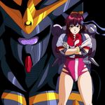  80s amazon_(taitaitaira) bad_id bad_pixiv_id bandana blue_headband bob_cut brown_eyes brown_hair gunbuster gunbuster_pose leotard looking_at_viewer mecha oldschool pink_leotard science_fiction serious takaya_noriko top_wo_nerae! 