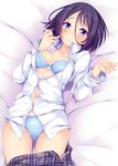  belly_peek black_hair blue_bra blue_eyes blue_panties blush bra breasts cleavage heterochromia looking_at_viewer lying medium_breasts navel nishi_minami on_back open_clothes open_shirt original panties purple_eyes shirt short_hair solo suterii unbuttoned underwear 