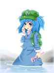  adjustable_wrench backpack bag blue_eyes blue_hair blush hair_bobbles hair_ornament hat highres kawashiro_nitori mujib open_mouth short_hair touhou two_side_up water wrench 