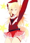  ;o animal_ear_fluff animal_ears arms_up blonde_hair cowboy_shot fox_ears fox_tail frills futaba_akane long_hair miniskirt naomi_(sekai_no_hate_no_kissaten) one_eye_closed orange_eyes original ribbon simple_background skirt solo star tail thigh_ribbon thighs white_background 